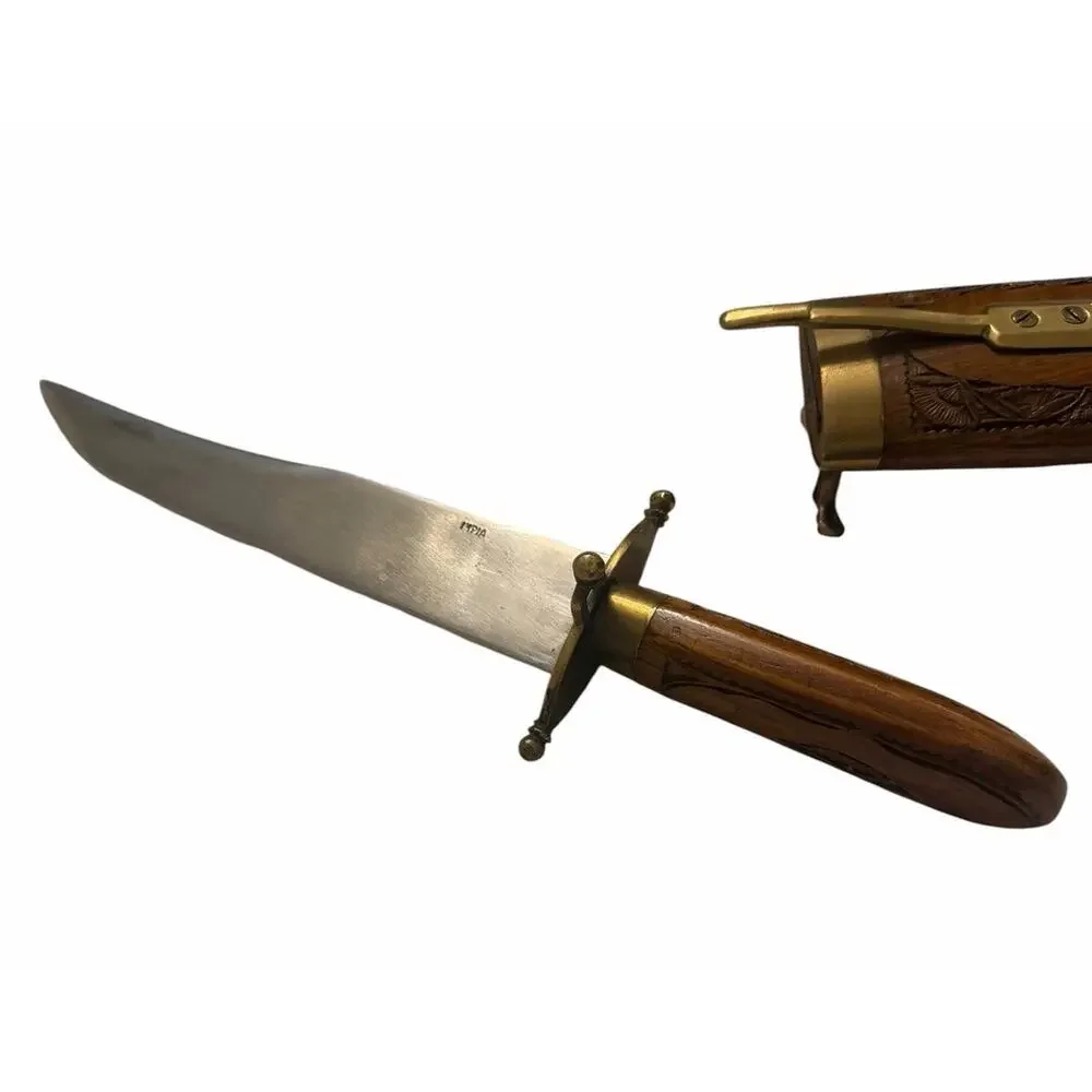 Vintage HAND CARVED Knife & Fork Carving Set Wood & Brass Sheath India 3707-66